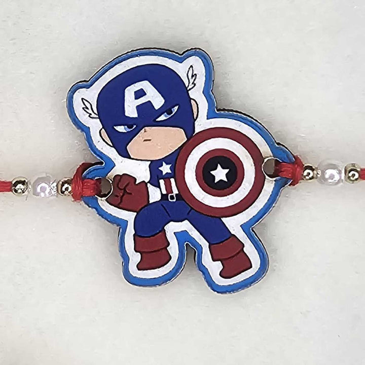 Handmade Avengers Captian America Mdf Wood Kids Rakhi With Roli Chawal - Close-up Front View
