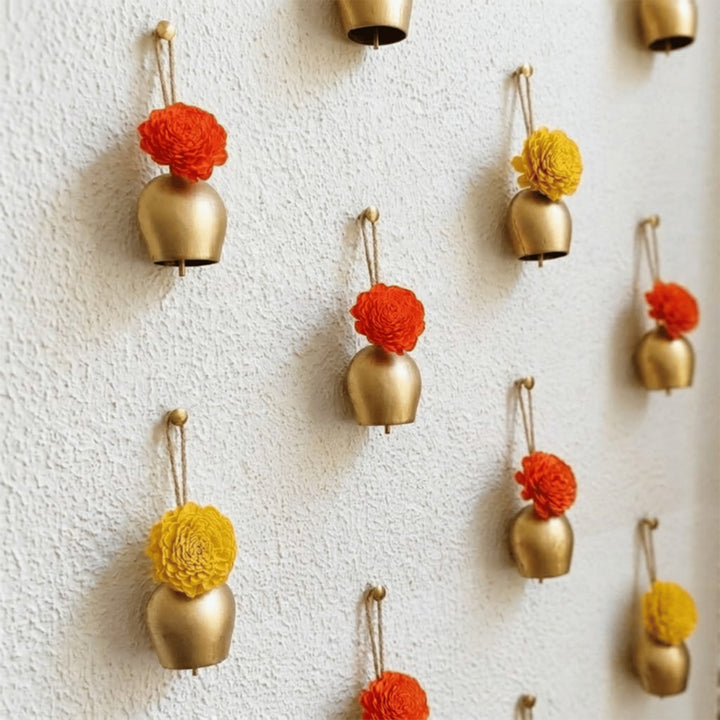 2 Pc | Shola Wood Marigold Flower Festive Bell Hanging