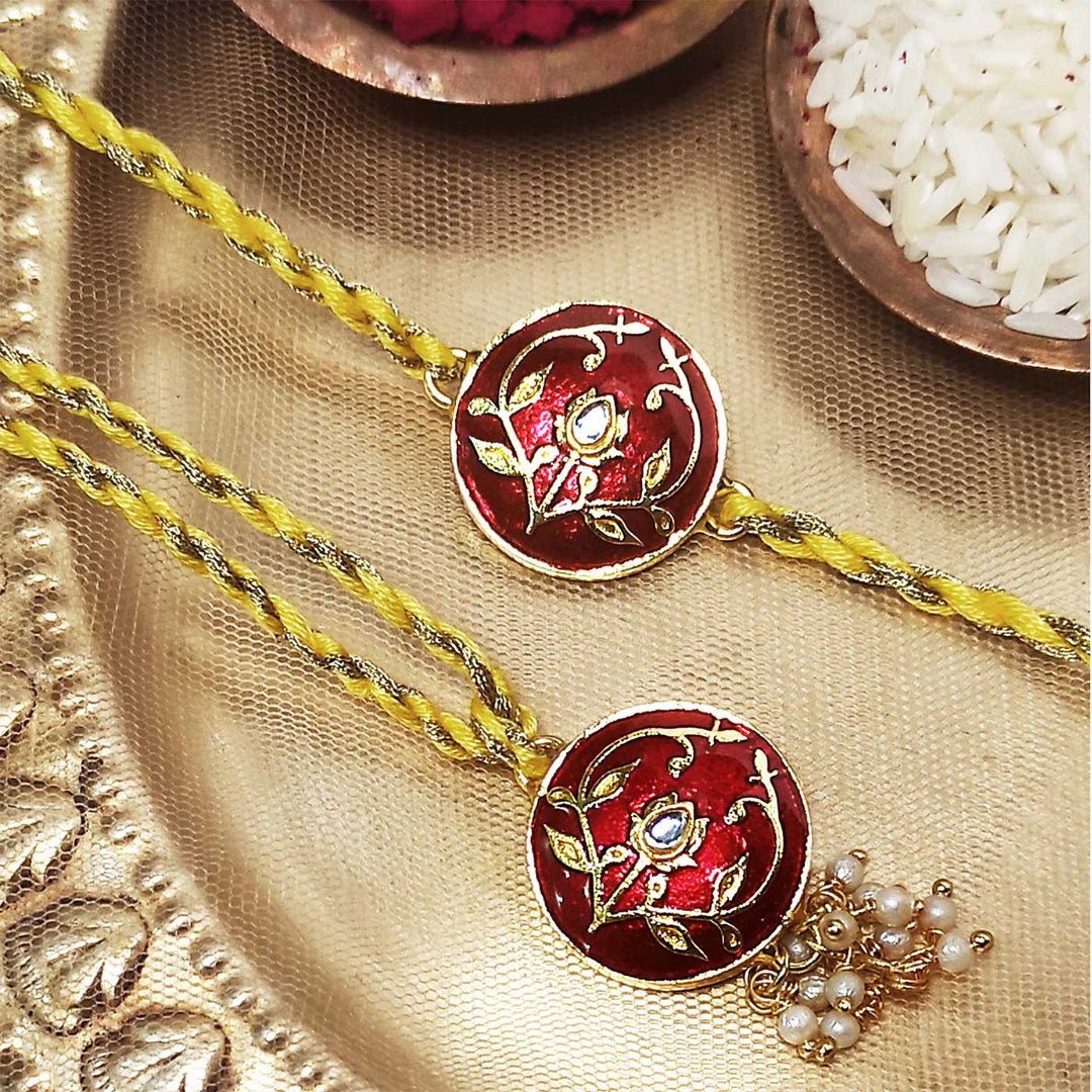 Handmade Meenakari Red Buta Brass Bhaiya Bhabhi Rakhi With Roli Chawal - Rakhi Set on Decorative Plate
