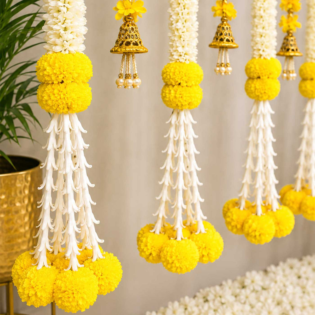 8 pc | Handcrafted Artificial Mogra, Marigold And Yellow Tassel Flower Hangings With Gold Bead Detailing
