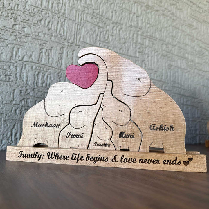 Personalized Elephant Family Of 5 Wooden Figurine
