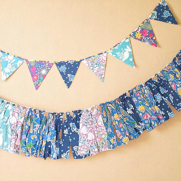 Handmade Blue Floral Upcycled Fabric Bunting & Garland | Set Of 2