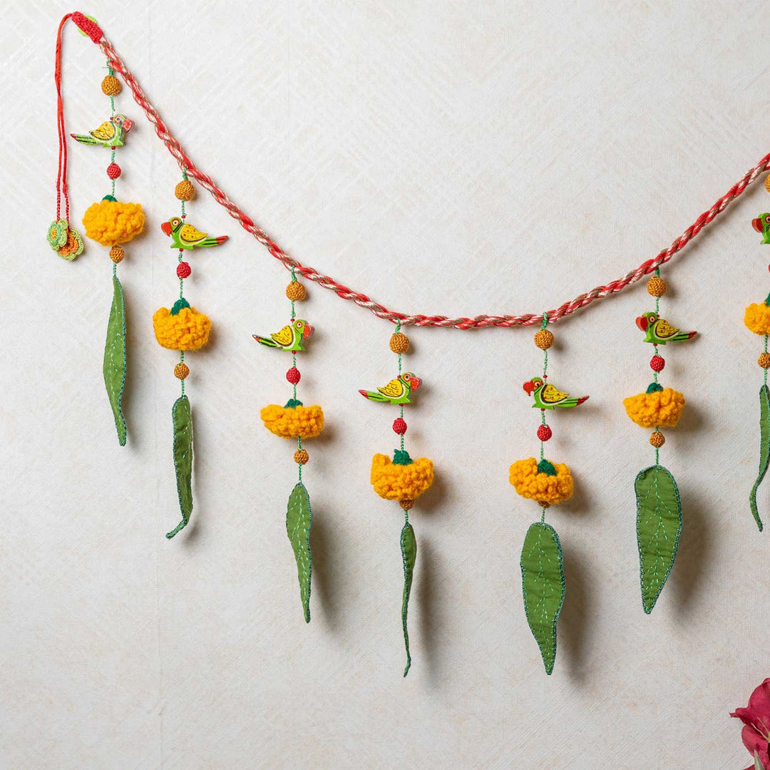 49 Inch | Intricate Realistic Crochet Ashok Patta Marigold And Parrot Cotton Toran