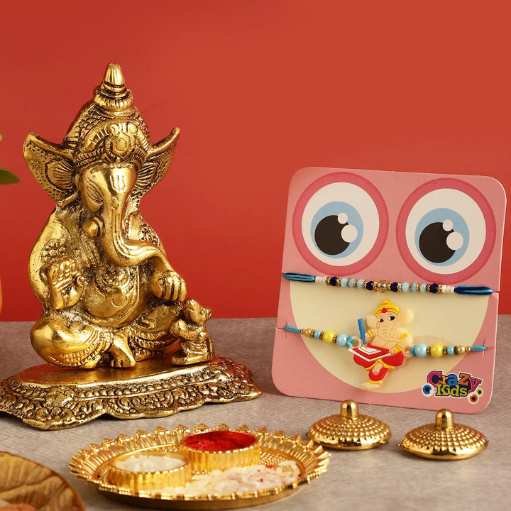 Handmade Ganesha Rakhi Hamper | Includes 1 Ganesha Idol, 2 Rakhis, 1 Roli Chawal