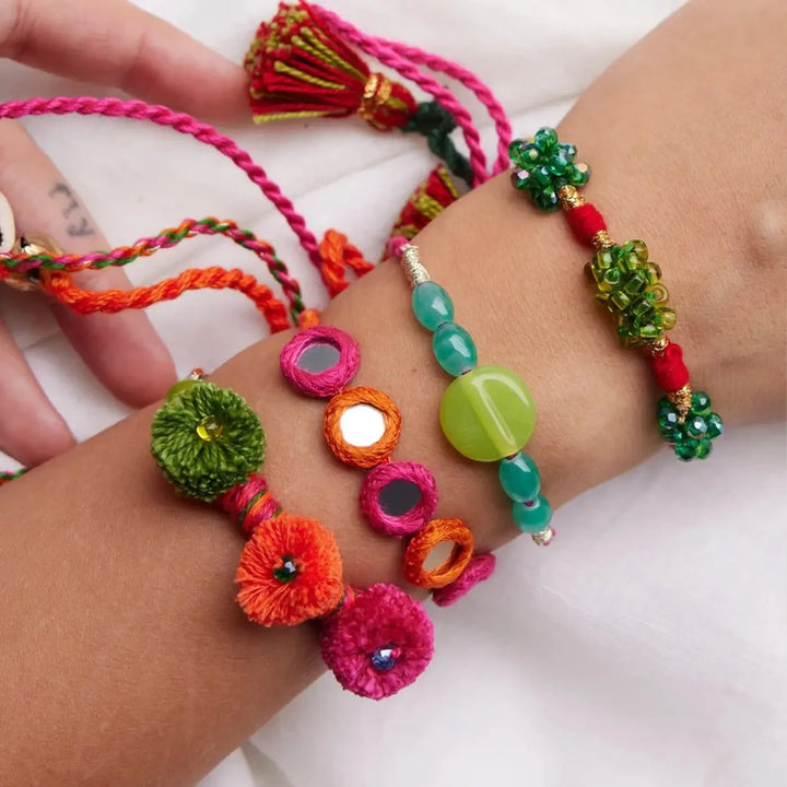 4 pc Rakhi + Brass Thali Set | Premium Chintu Mintu Beaded Rakhi Set with Roli Chawal