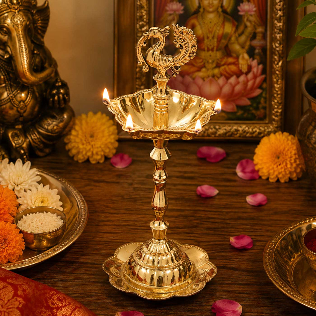 Peacock Brass Oil Lamp Stand For Festive Decor