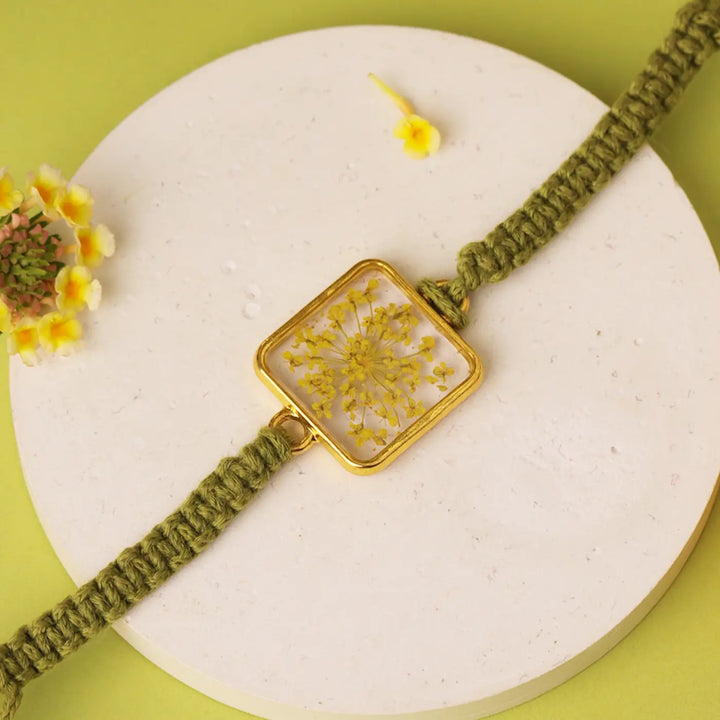 Handmade Pressed Flower Resin Rakhi With Roli Chawal