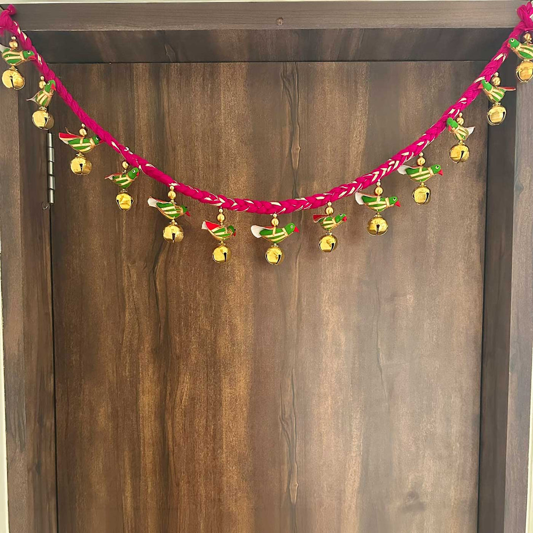 Handmade Pink Mauli Thread & Wool Toran With Ghungroo & Parrot For Festive Decor