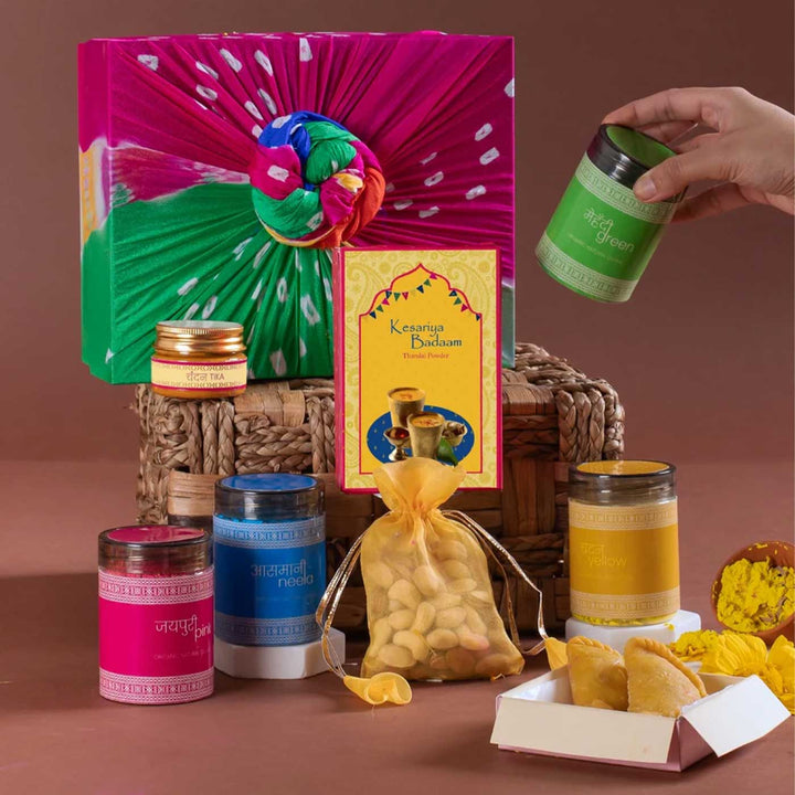 Hueful Holi Gift Hamper | Includes 1 Gujiya Pack, 1 Roasted Mix Dry Fruits, 1 Chandan Tika, 1 Kesariya Badaam Thandai, 4 Holi Colors, 1 Gift Box