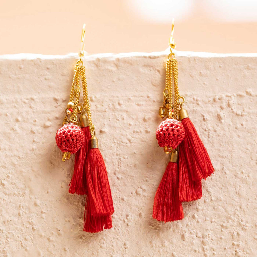 Handmade Crochet Red Tassel Viscose Thread Swing Earrings