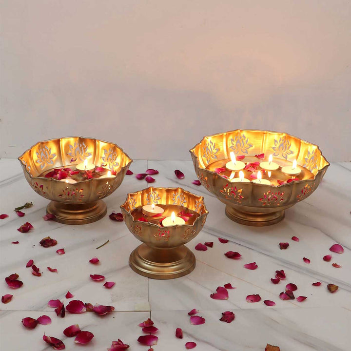 Set of 3 | Handmade Detachable Etched Lotus Cut Bowl Urli With Base For Festive Decor
