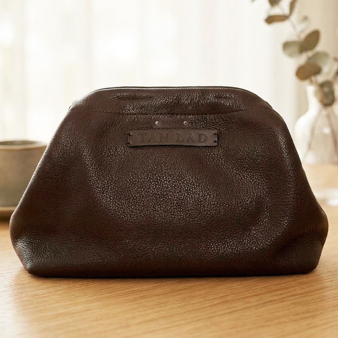 Personalized Dark Brown Slouch Leather Clutch