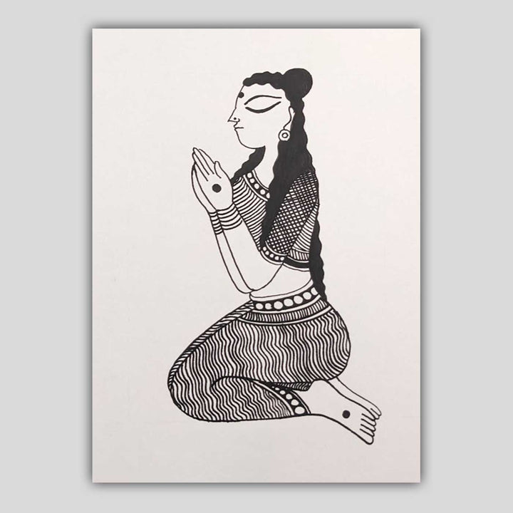 6 x 9 Inch | Namaskar Yoga Pose | Minimalist Black & White Mudhubani Style Line Drawing With Frame