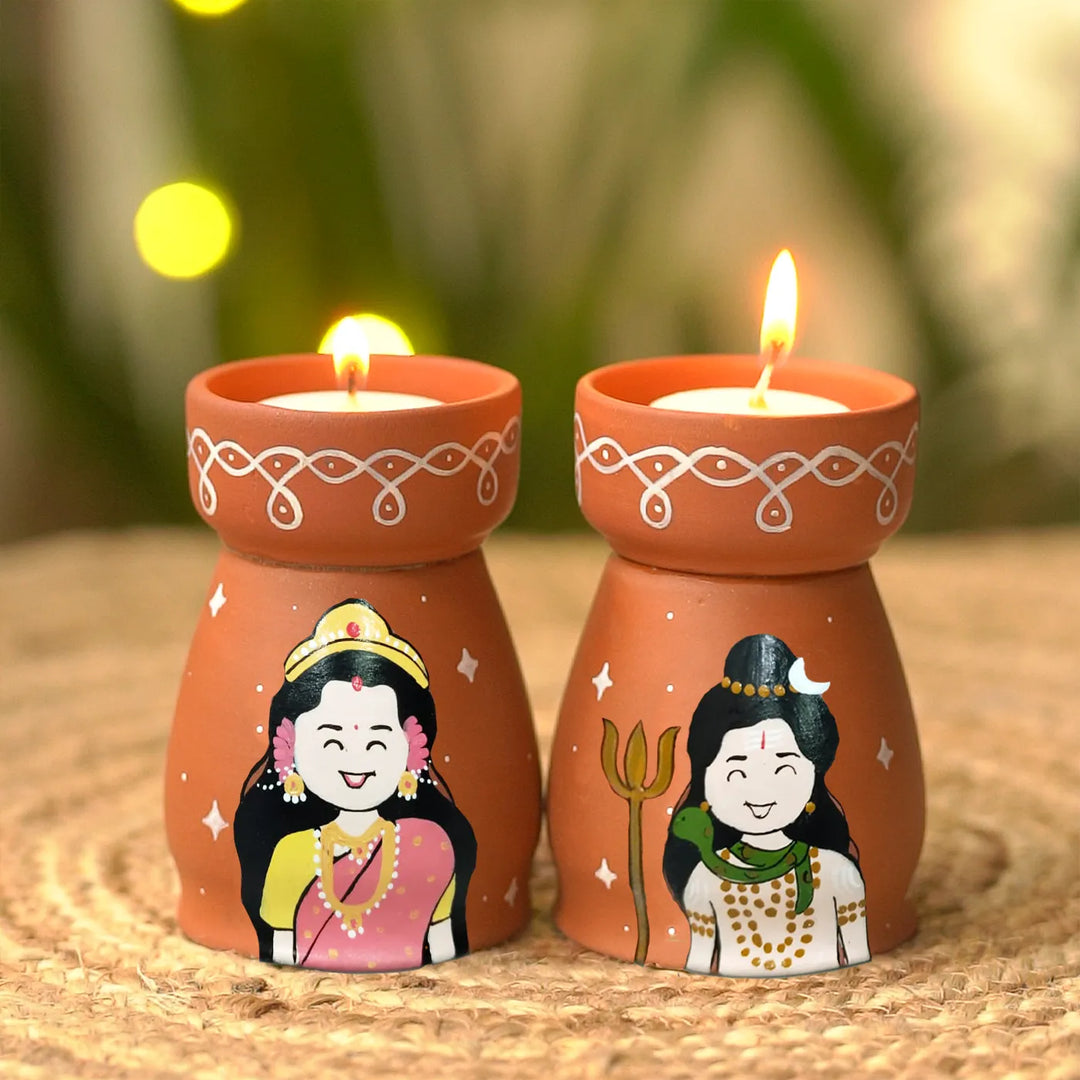 Hand-Painted Shiv Parvati Terracotta Tealight Holder | Set Of 2