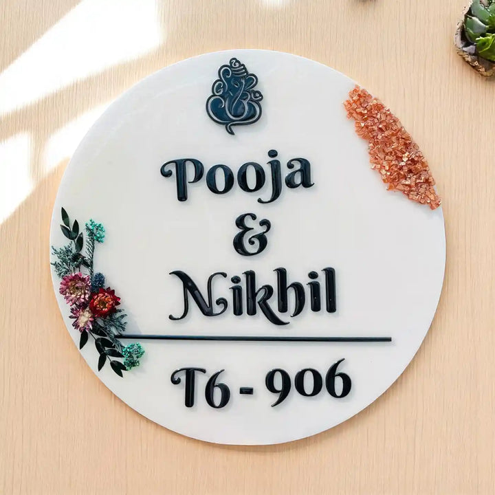 Personalized Handmade Round Floral Design Resin Name Plate