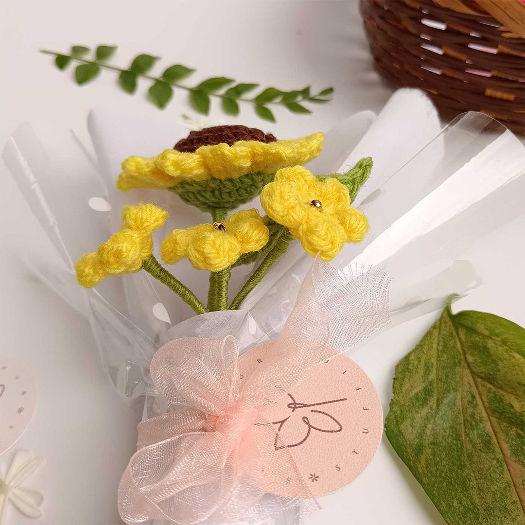 Handmade Crochet Sunflower Mini Flower Bouquet | Includes Photo & Greeting Card