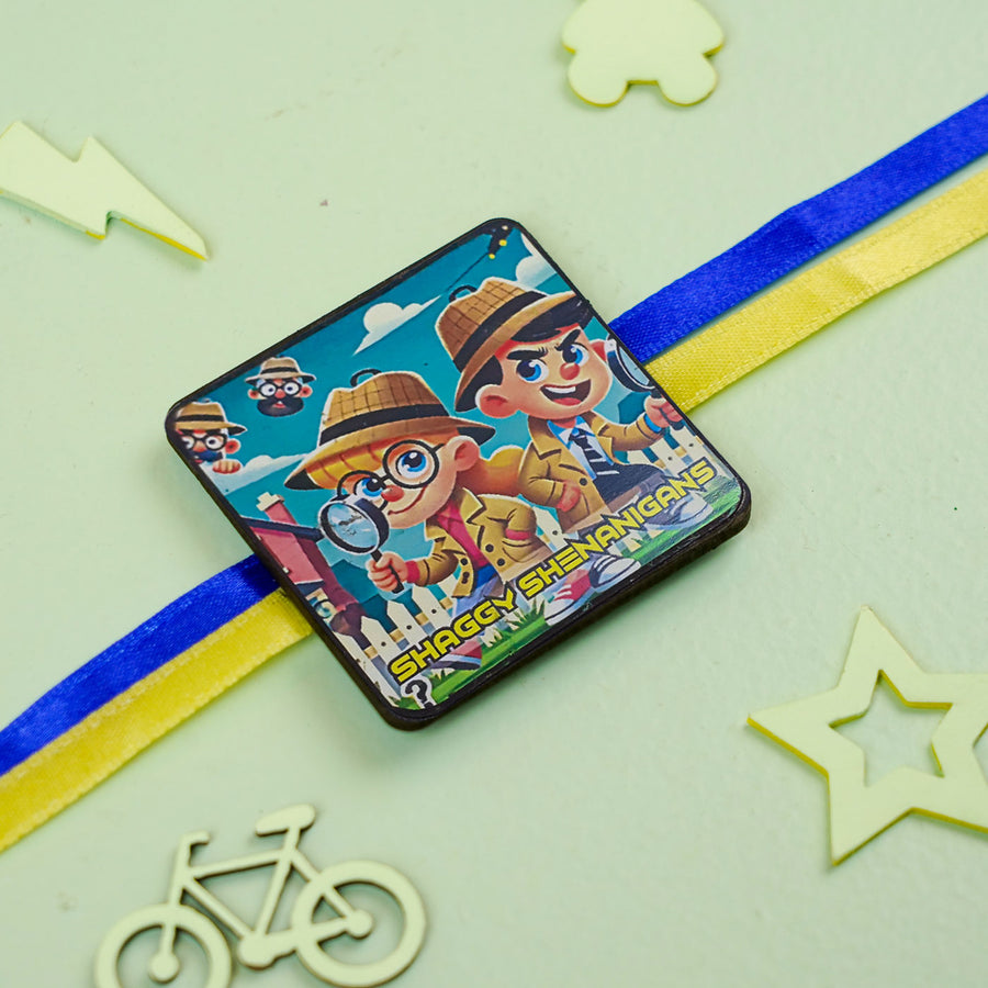 Handmade Reusable Shananigans Mdf Wood Rakhi With Roli Chawal For Siblings - Close-up Angle View