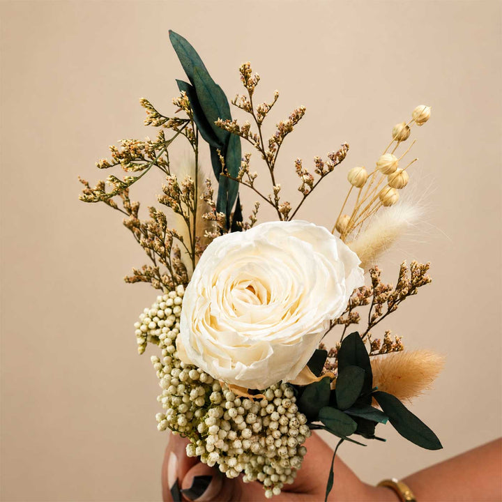 Snow Petal Real White Rose With Dried Flower Bouquet