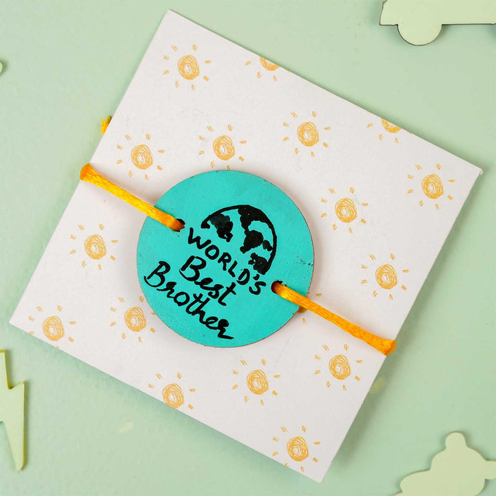 Personalized Hand Painted Worlds Best Brother Wooden Rakhi With Roli Chawal - Top View with Display Card