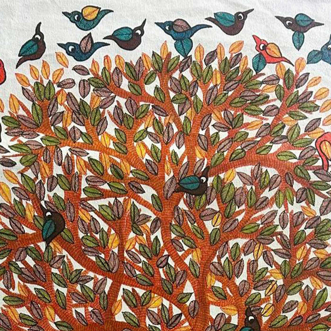 24 x 36 Inch | Giraffes & Birds | Original Hand Painted Tribal Gond Art Painting | Acrylic Paints On Paper