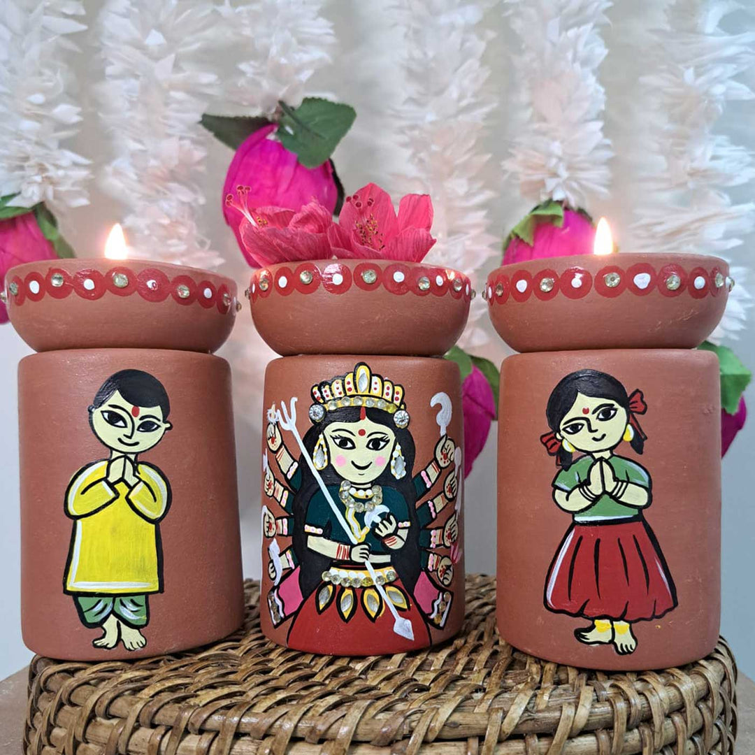 Hand-Painted Maa Durga Theme Terracotta Tealight Holder | Set Of 3
