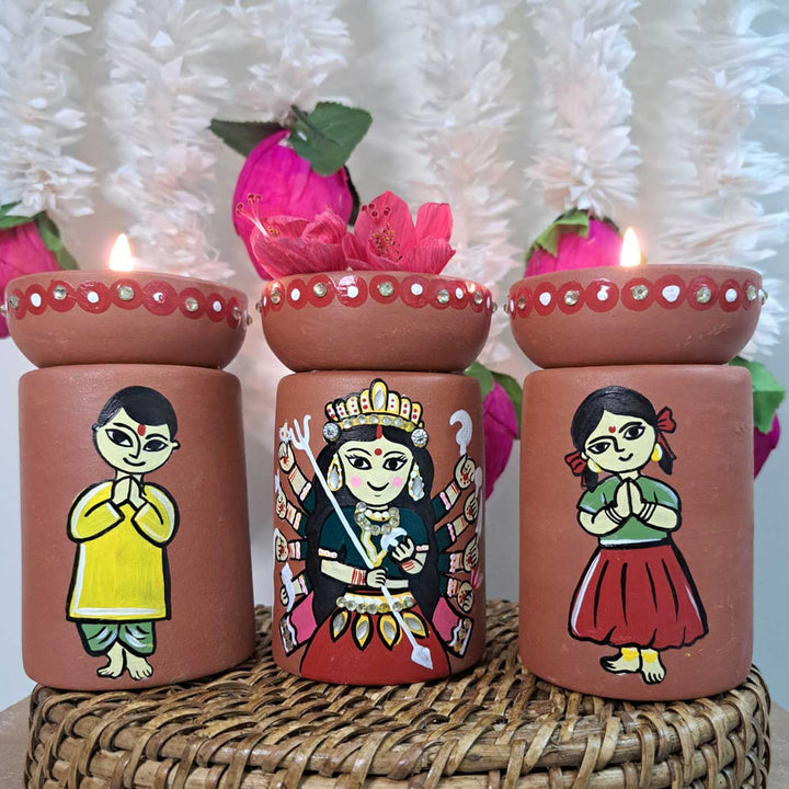 Hand-Painted Maa Durga Theme Terracotta Tealight Holder | Set Of 3