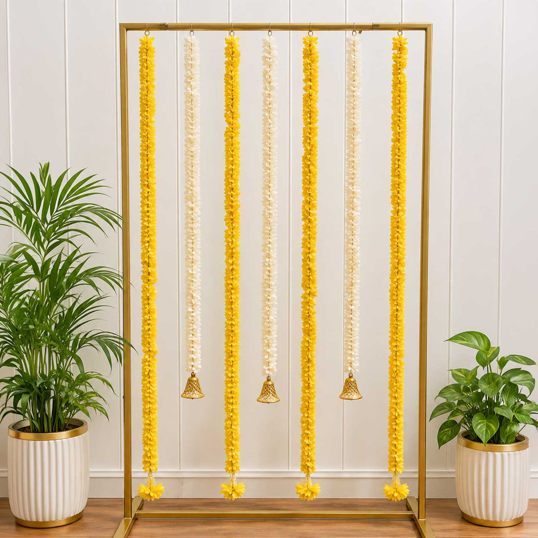 8 Pc | Handcrafted Yellow and White Artificial Flower Door Hangings Combo with Bells