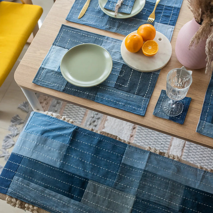 Upcycled Hand Embroidered Denim Boxed Eco-Friendly Table Runner & Mat