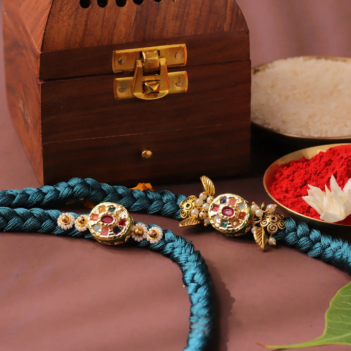 Handmade Navratna Stone Bhaiya Bhabhi Rakhi With Roli Chawal | Set Of 2