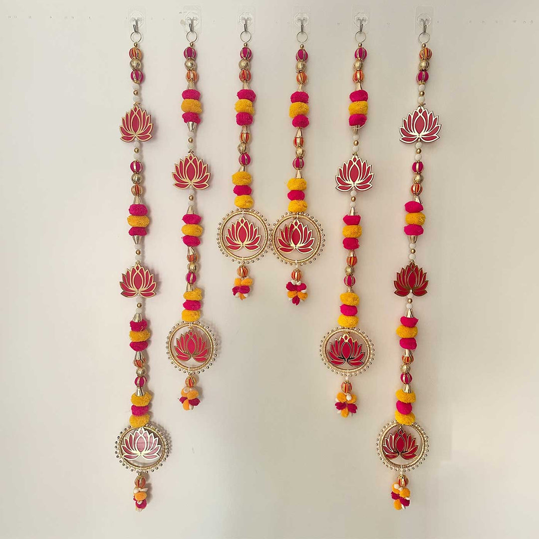 6 Pc | Handmade Decorative Pom Pom & Lotus MDF Hangings With Bangle Accents