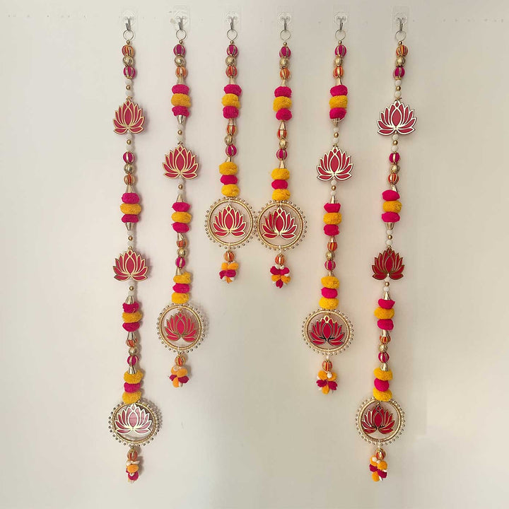 6 Pc | Handmade Decorative Pom Pom & Lotus MDF Hangings With Bangle Accents