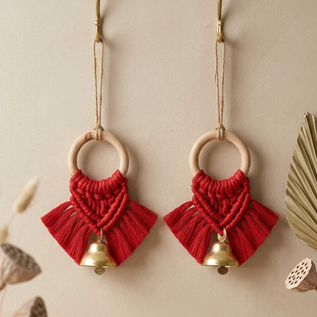 2 Pc | Macrame Handwoven Metal Bell Hanging With Wooden Ring & Beads