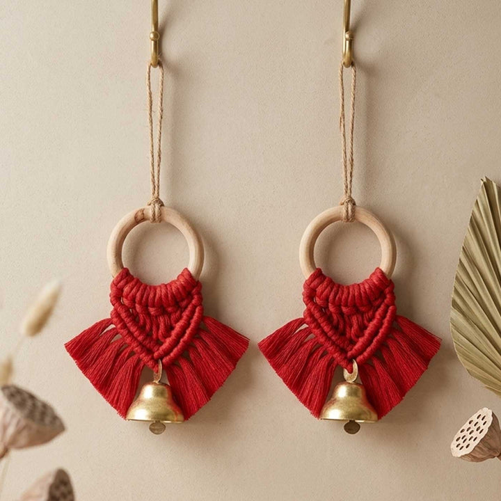2 Pc | Macrame Handwoven Metal Bell Hanging With Wooden Ring & Beads