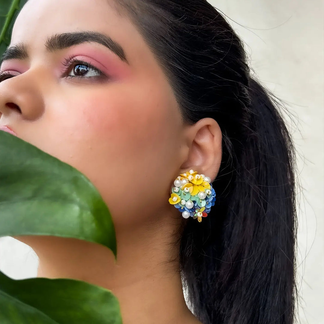 Hand Embroidered Beaded Multicolor Bloom Theme Cotton Earrings
