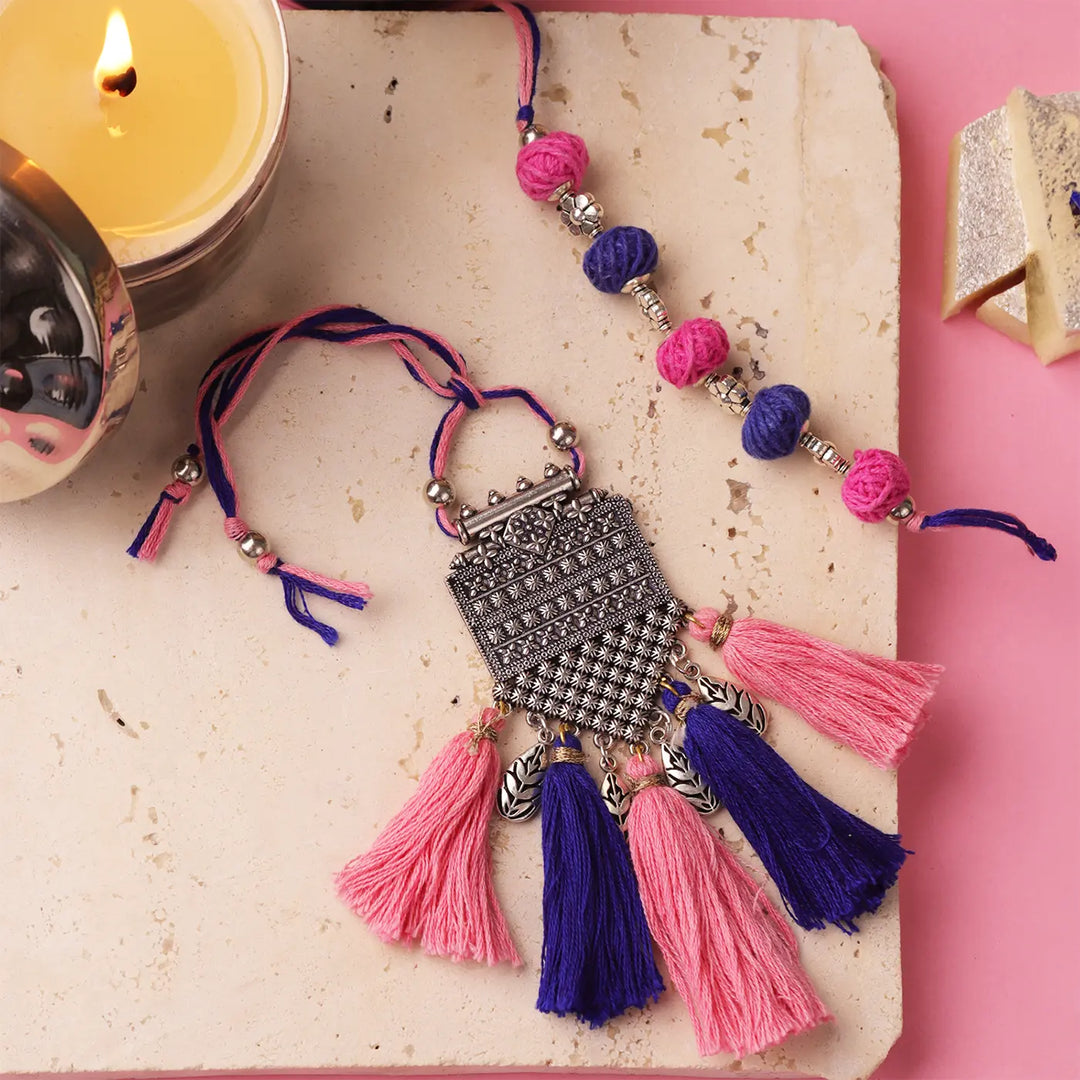 Handmade Blue & Pink Tassels Bhaiya Bhabhi Rakhi With Roli Chawal | Set Of 2