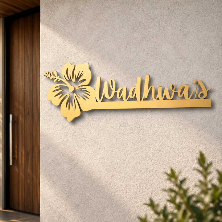 "Floral Swirl" Personalized Weatherproof Stainless Steel Name Plate With Hibiscus Motif For Home