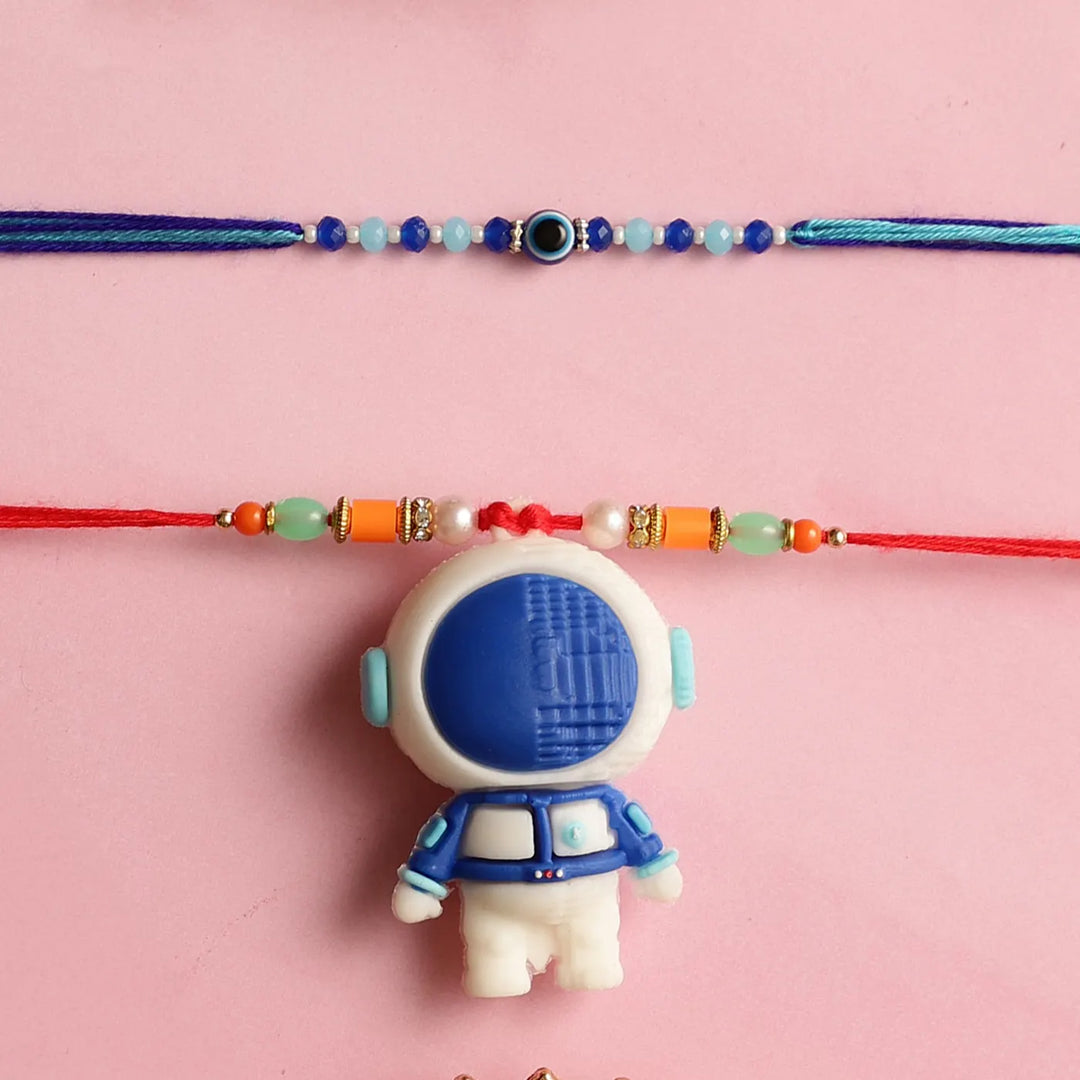 Handmade Astronaut & Evil Eye Kids Rakhi With Roli Chawal | Set Of 2