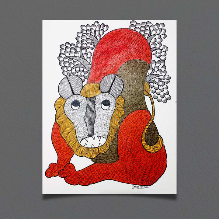 11 x 15 Inch | Lion of the Sacred Grove | Original Hand Painted Tribal Gond Art Painting | Acrylic Paints On Paper
