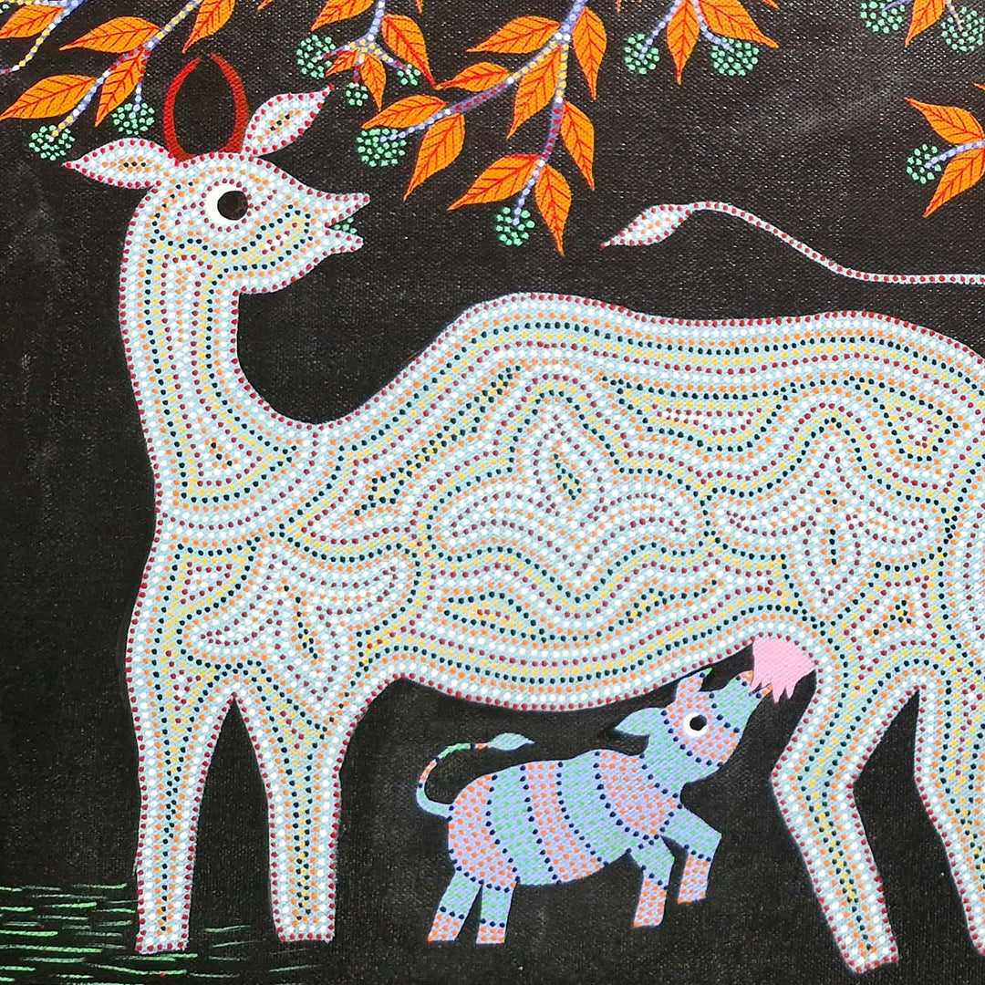 18 x 30 Inch | Cow Family | Original Hand Painted Bhill Painting | Acrylic Paints On Canvas