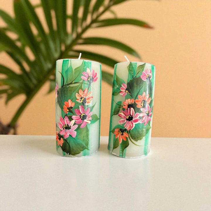 Hand-Painted Wild Flowers Circular Paraffin Scented Candle | Set Of 2