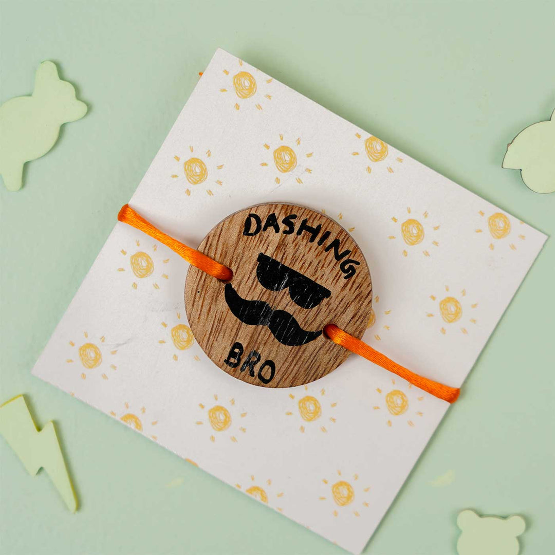 Personalized Hand Painted Dashing Bro Wooden Rakhi With Roli Chawal - Mounted on Cardboard Display
