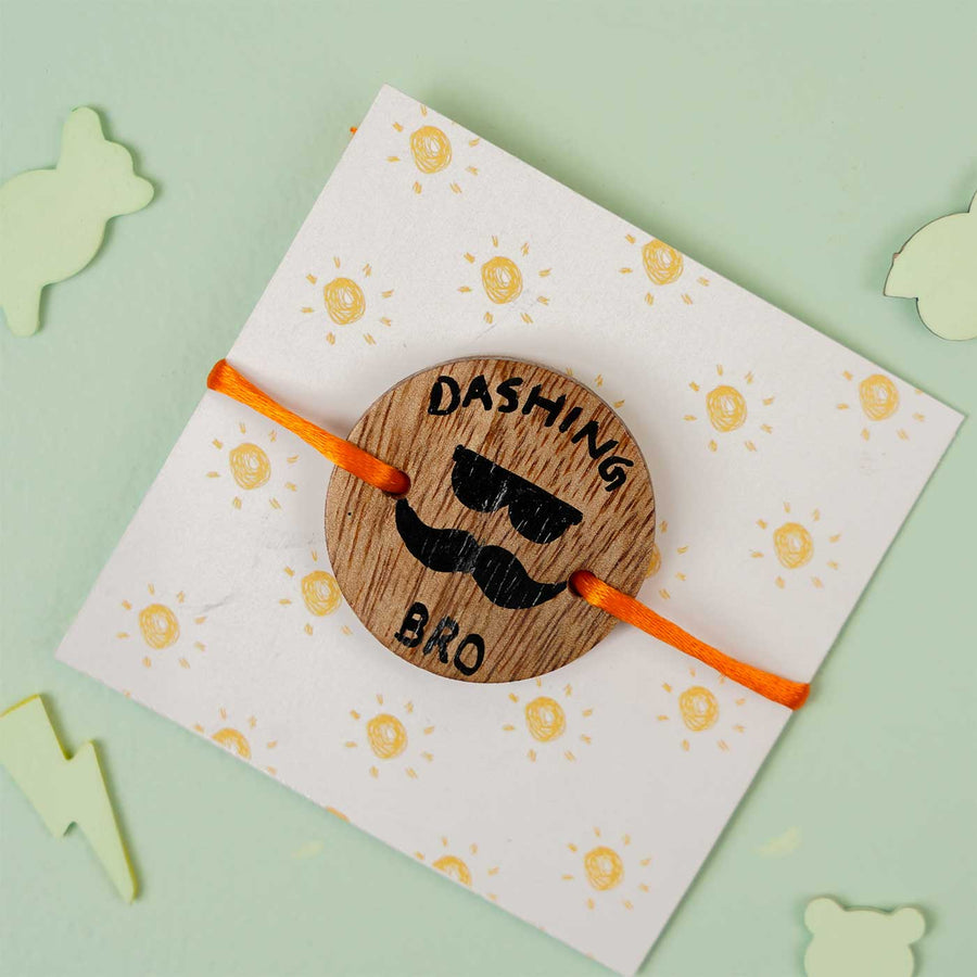 Personalized Hand Painted Dashing Bro Wooden Rakhi With Roli Chawal - Mounted on Cardboard Display