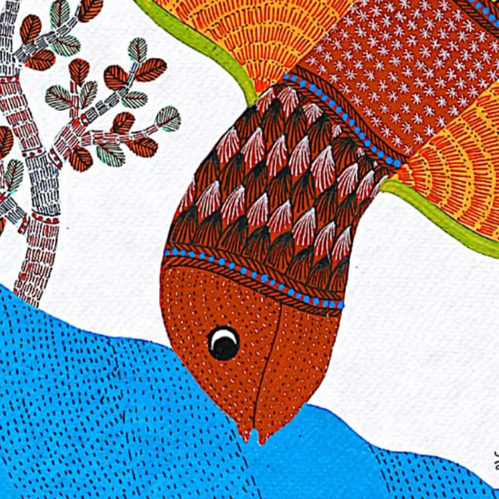 11 x 15 Inch | Fish Diving Into Water | Original Hand painted Tribal Gond Art Painting | Acrylic Paints On Paper