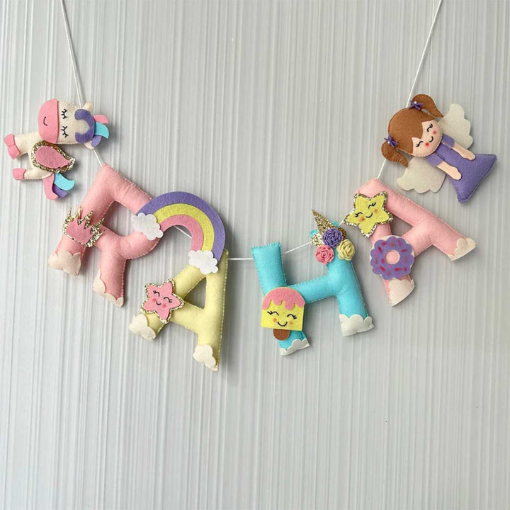 Personalized Unicorn Fairy Felt Bunting Garland For Kids - Hanging Name Garland Front View