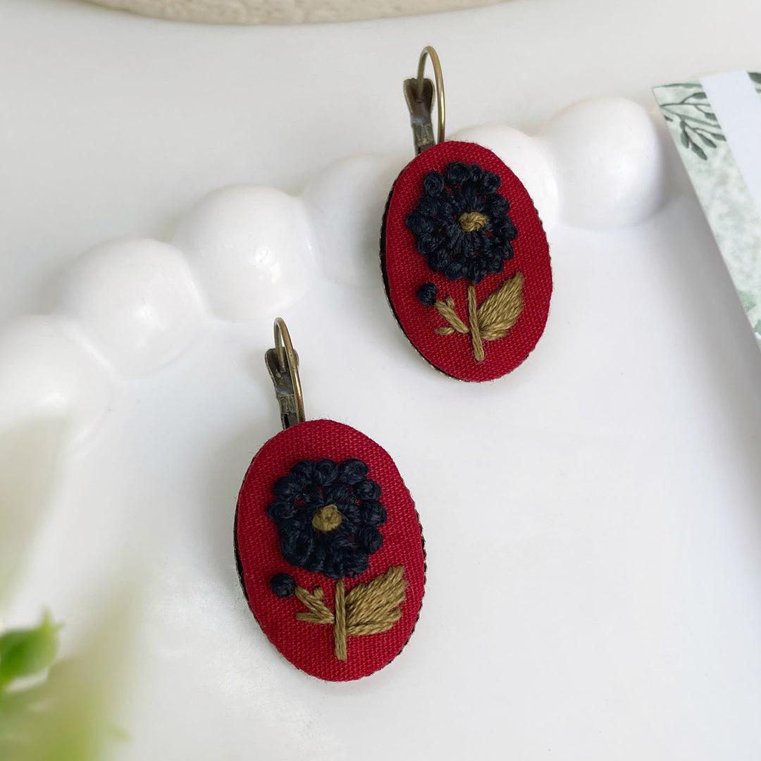 Hand Embroidered Merry Maroon Bronze Tone Earrings