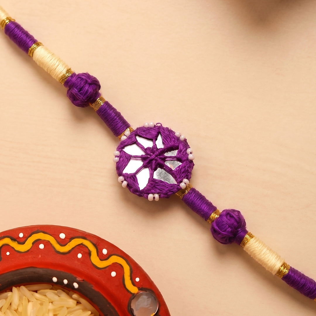 Handmade Mirror Work Patwa Purple Cotton Rakhi With Roli Chawal