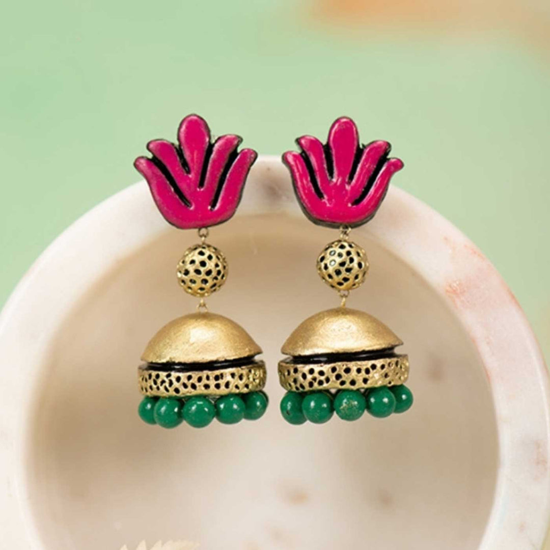 Handmade Beaded Blooming Lotus Terracotta Earrings