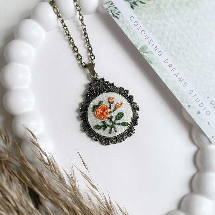 Hand Embroidered Zinnia Cluster Antique Finish Necklace