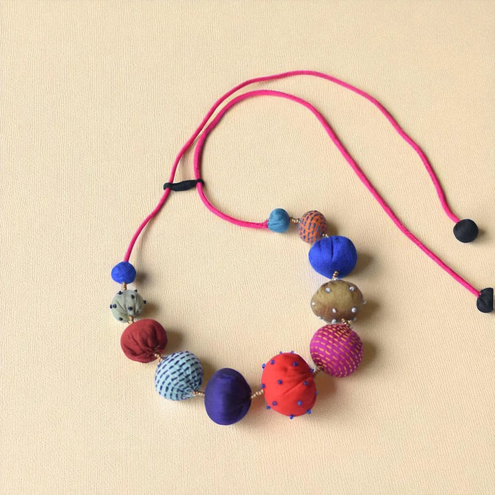 Handmade Textile Art Colorful Round Beads Dupion Silk Fabric Necklace