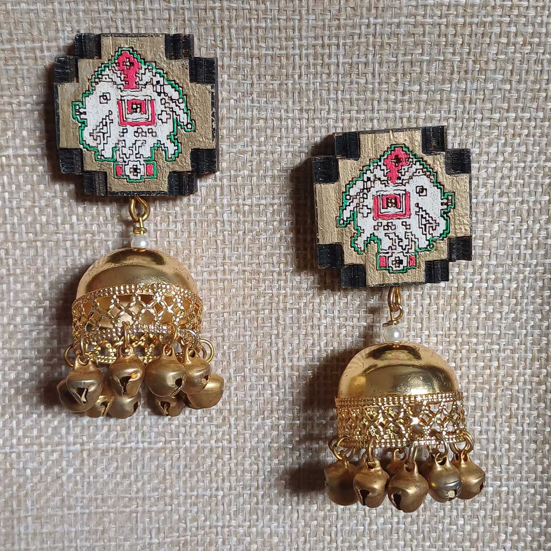 Handmade Golden Elephant Jhumka Wooden Earrings
